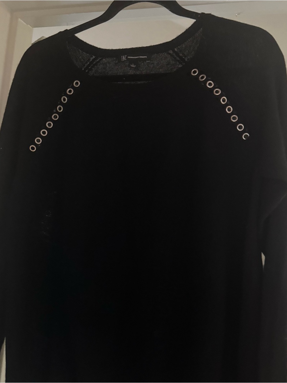 INC International Concepts Black Crewneck Sweater with Silver Grommets